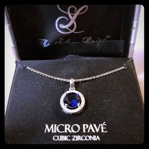 New Blue Sapphire and CZ Micro Pavé Halo Necklace